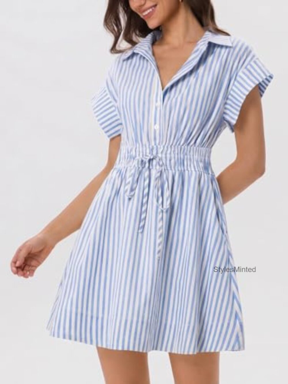 Striped Cotton Mini Shirt Dress Short Sleeve A-line Drawstring Waist - Picture 2 of 6